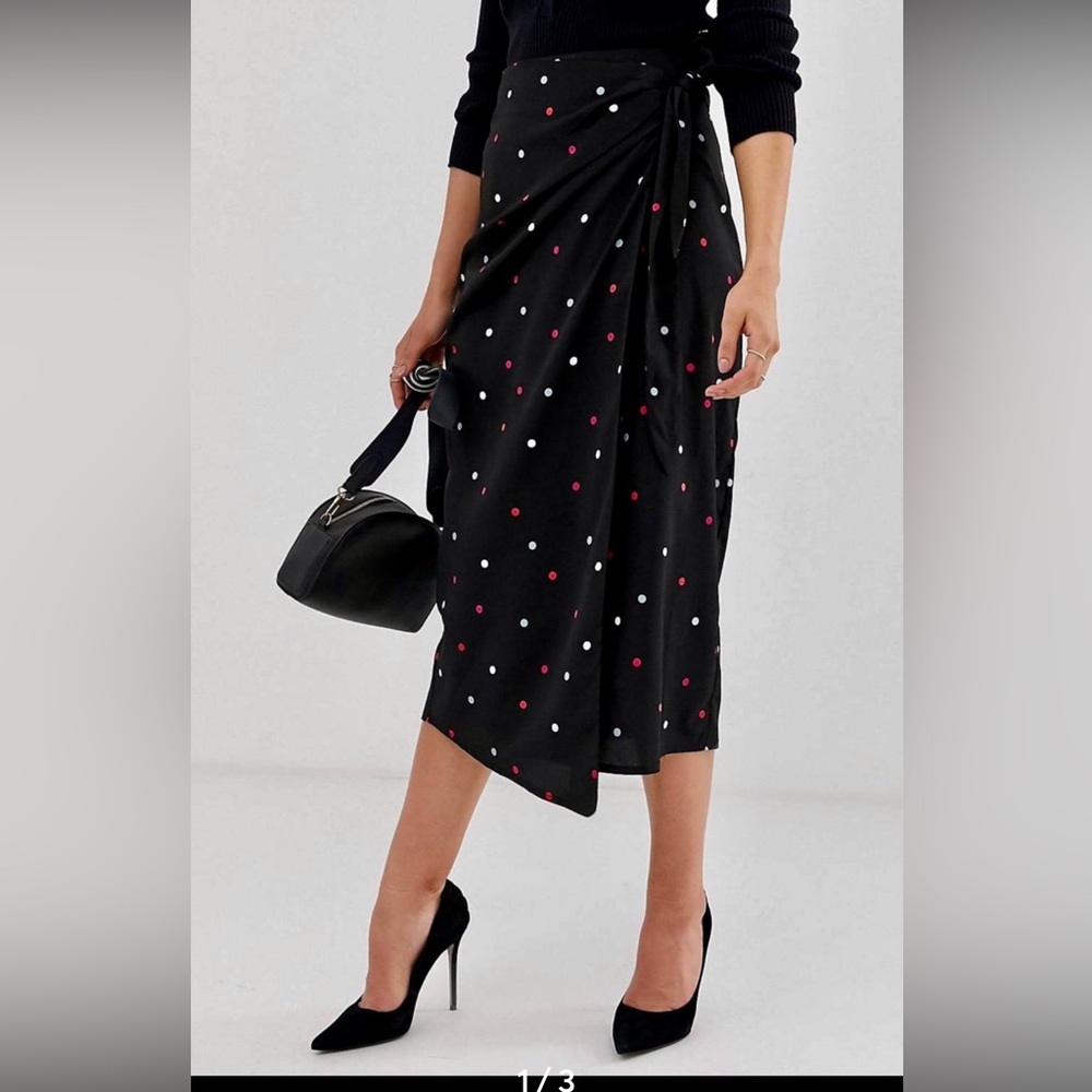 Women’s Black Multicolor polka dot MIDI lightweight‎ wrap work office skirt sz 8
